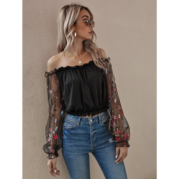 BohoGypsyDreamer.com Tops - off the shoulder long sleeve sheer Flower Mesh Embroidered Sleeve black Top